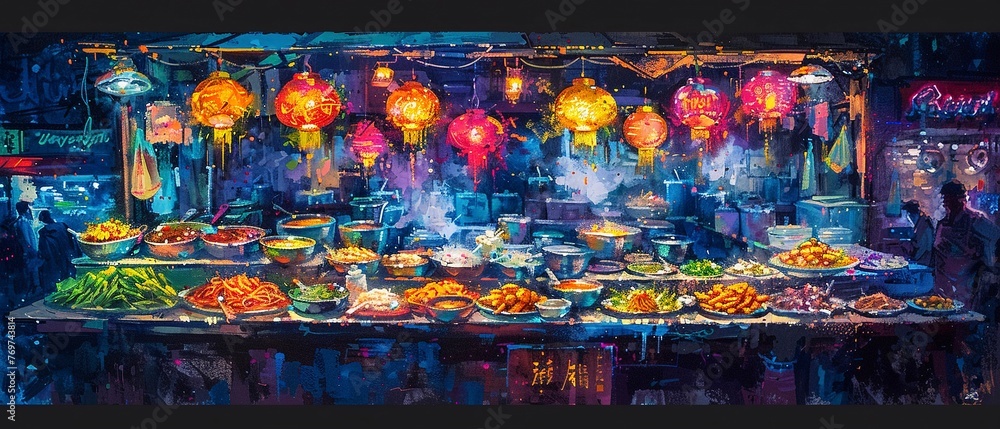Street food stall, oil painted, vibrant dishes, neon night light, standard viewpoint.