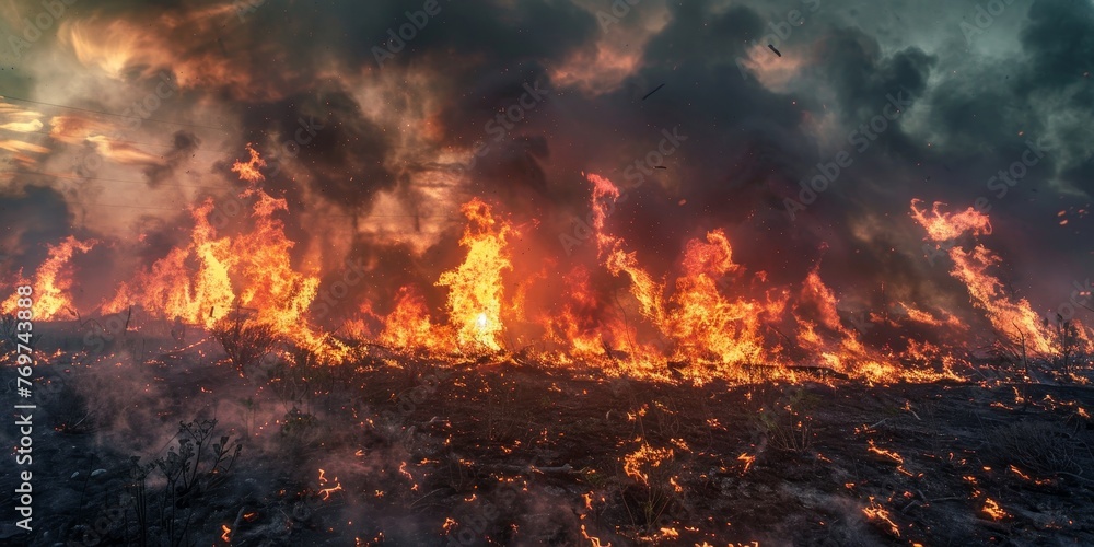 A large fire is burning in a field, with smoke and ash filling the sky