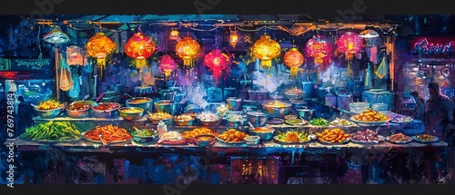 Street food stall, oil painted, vibrant dishes, neon night light, standard viewpoint.