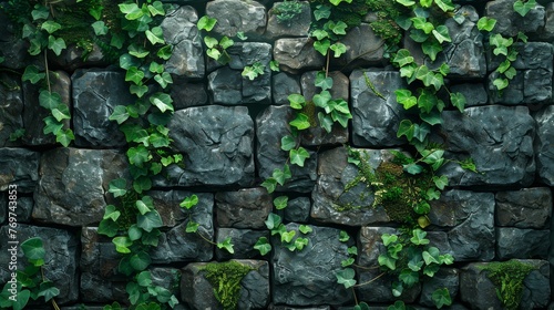A rough stone wall pattern, reminiscent of the lost cities and ruins, with moss and vine overlays, creating a mysterious and ancient backdrop created with Generative AI Technology #769743853