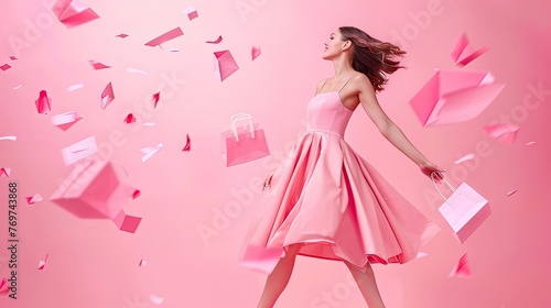 full body beautiful woman holding a shopping paper bags, paper bags flying in the air, wearing pink dres, fashion photography, simply pink background, realistic photo 