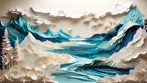 Wallpaper Mural landscape with mountains , clouds and snow . paper art Torontodigital.ca