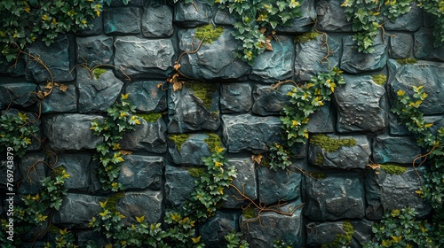 A rough stone wall pattern, reminiscent of the lost cities and ruins, with moss and vine overlays, creating a mysterious and ancient backdrop created with Generative AI Technology #769743879