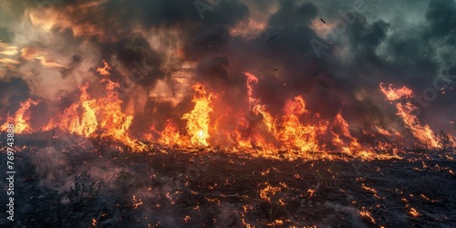 A large fire is burning in a field, with smoke and ash filling the sky