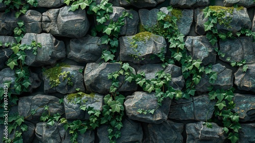 A rough stone wall pattern, reminiscent of the lost cities and ruins, with moss and vine overlays, creating a mysterious and ancient backdrop created with Generative AI Technology #769744025