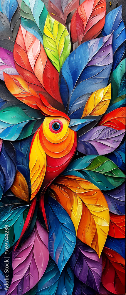 Colorful parrot on a background of colored leaves.