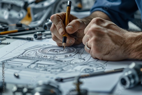 Close-up image of automotive industry design engineer working on detailed car part drawing