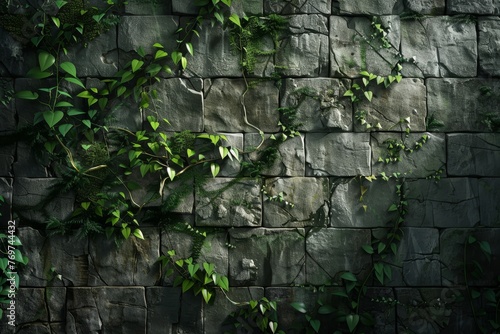 A rough stone wall pattern, reminiscent of the lost cities and ruins, with moss and vine overlays, creating a mysterious and ancient backdrop created with Generative AI Technology #769744432