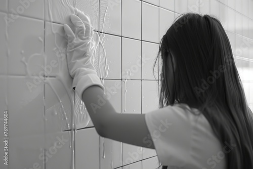 Young woman cleaning tiled wall using rubber gloves with light ashy colors, household chores concept photo