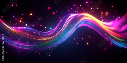 3d rendering, abstract background with unfocussed glowing neon wave, curvy lines and bokeh lights. Blurry colorful wallpaper, Generative AI  photo