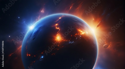 Space Planet with Earth, Sun, and Moon on galaxy