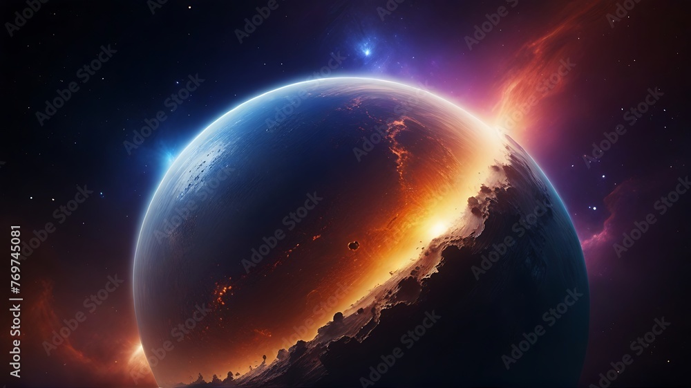 Space Planet with Earth, Sun, and Moon on galaxy