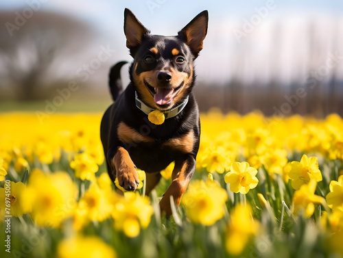 Lancashire Heeler Trotting Happily in Field of Daffodils. generative ai