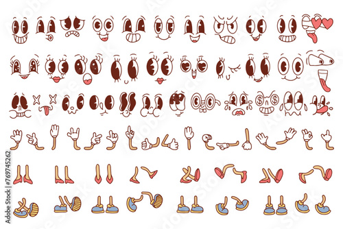 Vintage cartoon hands in gloves and feet in shoes.Comic hand gestures and walking legs vector set. Cute animated characters body parts. Set of retro cartoon mascot characters. Various movements and po