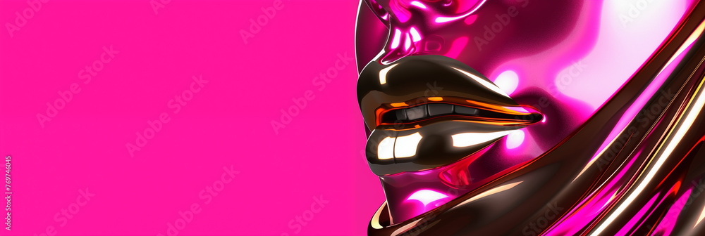 Striking abstract sculpture with a glossy finish that intertwines pink and black hues stands against a vivid pink background. Abstract face for presentation of cosmetic procedures for lips - obrazy, fototapety, plakaty 