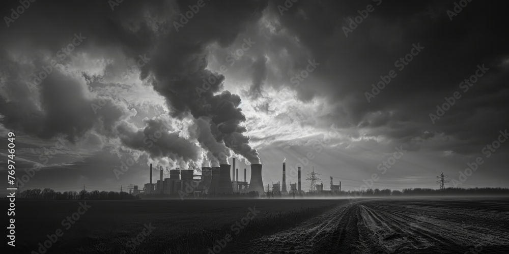 A black and white photo of a city with smoke billowing from the factories