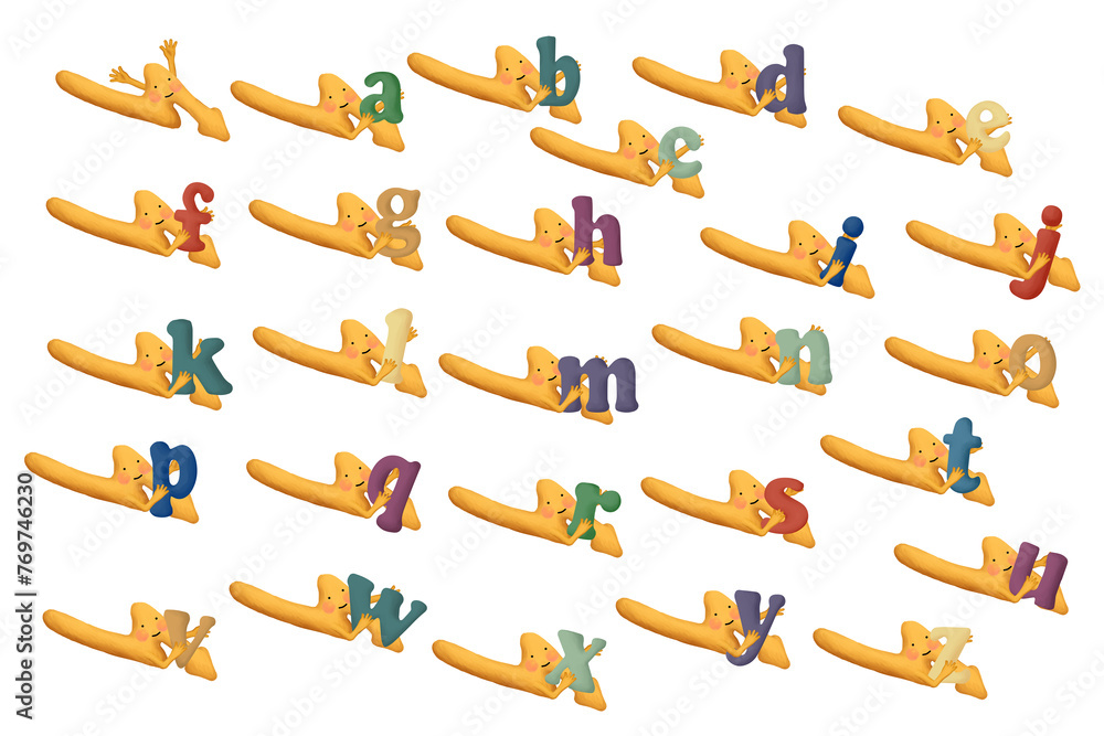 Bright cartoon alphabet. Cute baby blitz with letter. Illustration set on white background