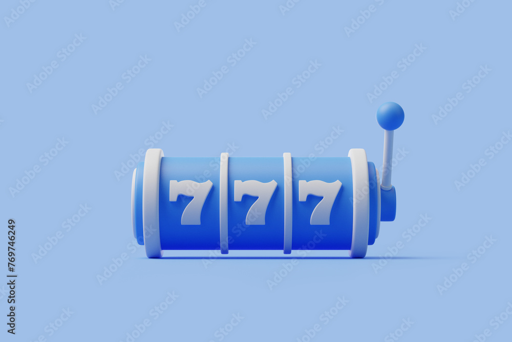 Fototapeta premium Vivid blue slot machine featuring the lucky triple sevens on a matching blue background, evoking excitement and chance. 3D render illustration