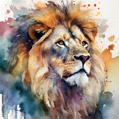lion in the zoo.a stunning watercolor poster featuring the majestic profile of a lion. Use vibrant watercolor pigments to capture the strength and beauty of this iconic animal, creating a captivating 