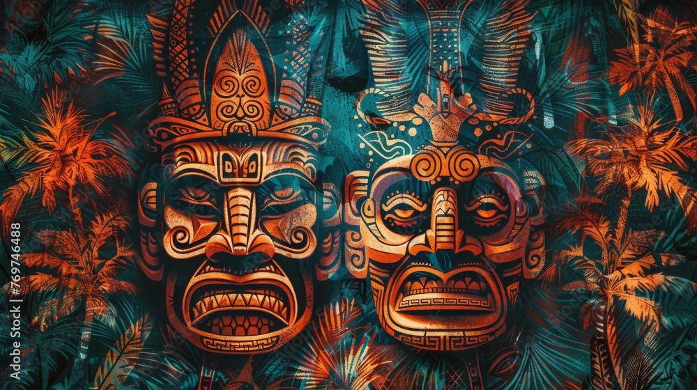 Textured tribal mask pattern, featuring the protective spirit Aku Aku, with their intricate designs and mystical aura, set against backdrop of Polynesian motifs created with Generative AI Technology	