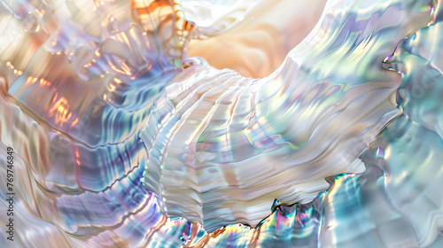 A mesmerizing close-up of iridescent mother-of-pearl showcasing wavy patterns and a play of light creating a sense of fluidity photo