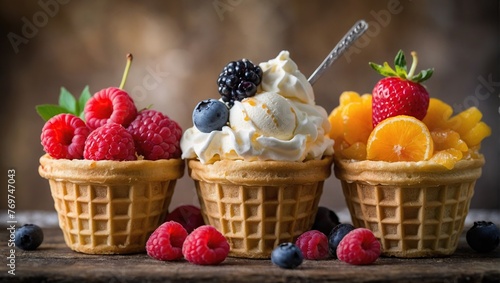 A vibrant assortment of creamy  pastel-colored ice cream flavors  each nestled in a crispy waffle cone and topped with a medley of fresh berries and fruits.