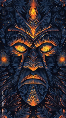 Textured tribal mask pattern, featuring the protective spirit Aku Aku, with their intricate designs and mystical aura, set against backdrop of Polynesian motifs created with Generative AI Technology  © Sentoriak