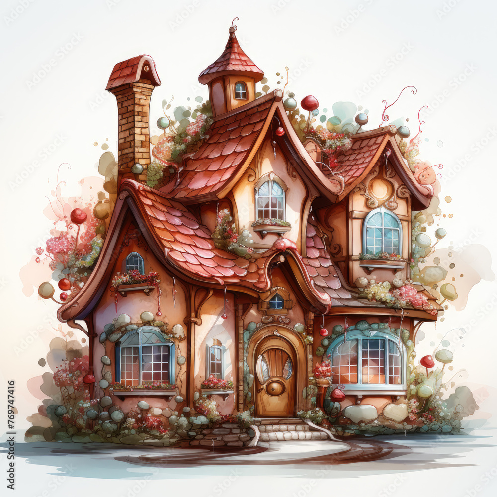 watercolor Kawaii Gingerbread House clipart, Generative Ai