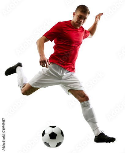 Skilled football player delivers perfect pass, showcasing unparalleled precision against transparent background with lush green grass. Concept of sport, world cup season, tournament, match photo