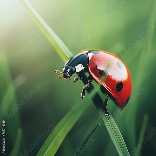 Vivid detail of a ladybug on a green blade of grass, with its red shell and black spots standing out, suitable for insectthemed images photo