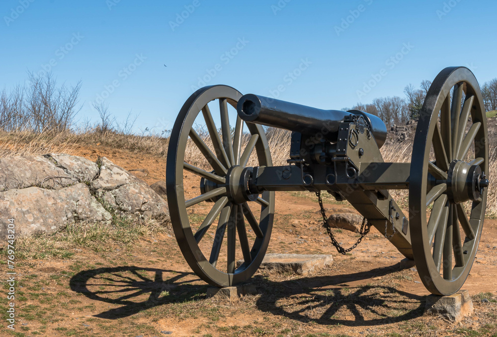A Union cannon on the battlefield in the Gettysburg National Military Park on a sunny winter day