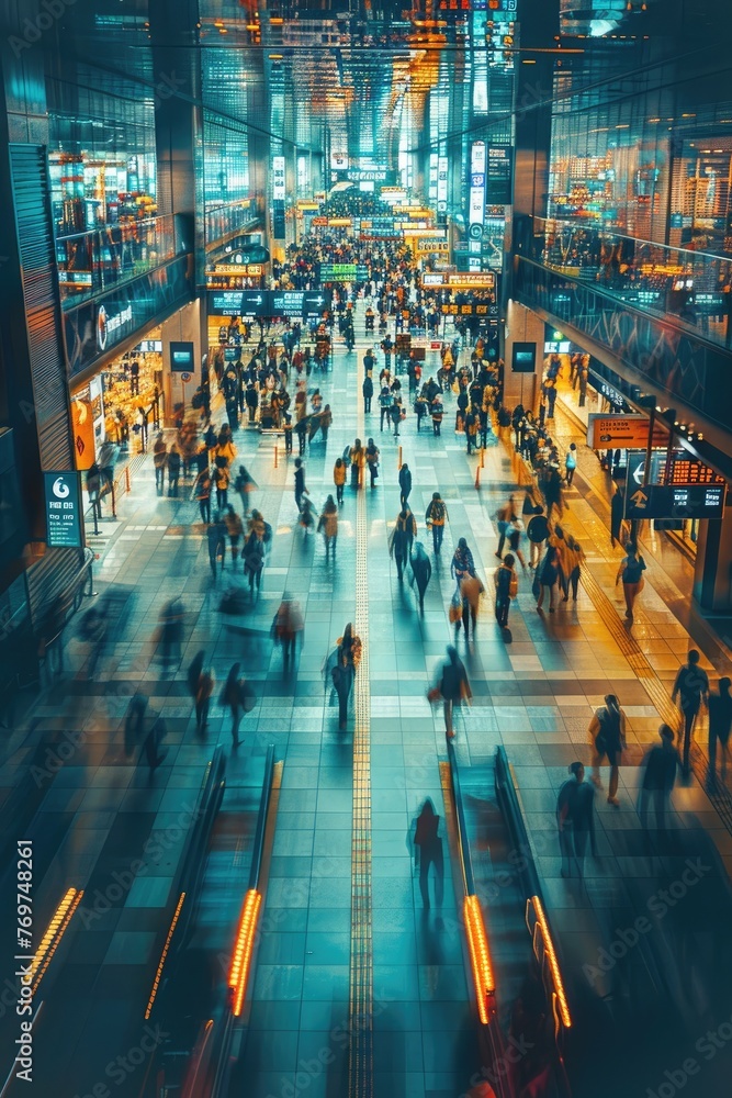 view of a busy crowded place with people walking in hurry being late in urban setting, motion blur, time management concept, late for work concept