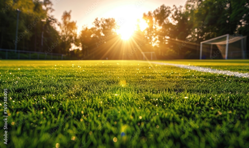 Soccer field green grass at sunset - obrazy, fototapety, plakaty 