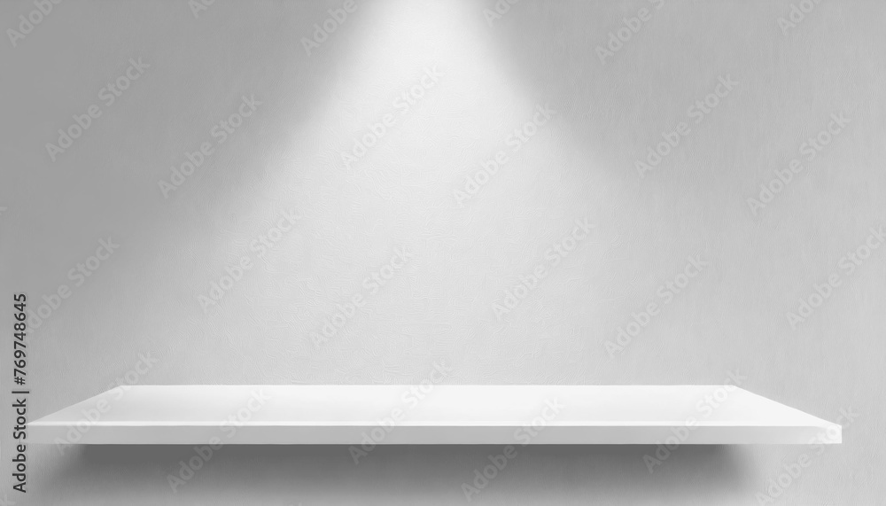 empty shelf on a wall. White empty shelf on light gray wall with lighting from above empty shelf on a wall. White empty shelf on light gray wall with lighting from above