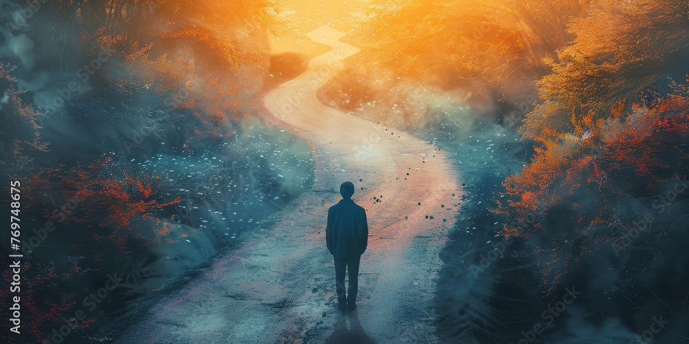A man is walking down a road in a forest A man is walking down a road in a forest