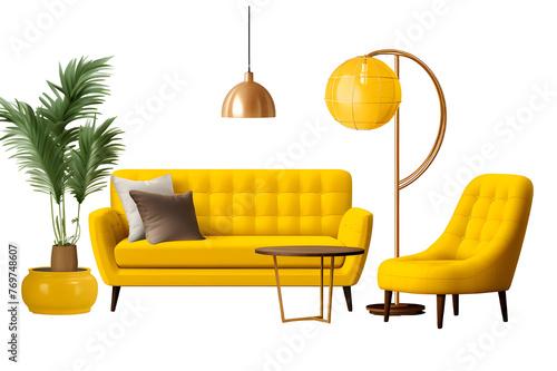 Yellow modern furniture items including a sofa, chair, planter, table, and lamp isolated on a transparent background for interior design.