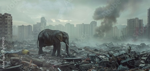 A large elephant is walking through a city that is covered in trash and rubble