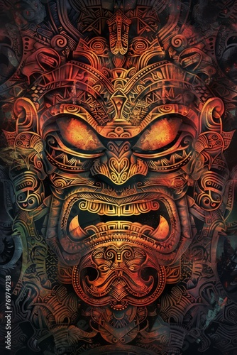 Textured tribal mask pattern, featuring the protective spirit Aku Aku, with their intricate designs and mystical aura, set against backdrop of Polynesian motifs created with Generative AI Technology 