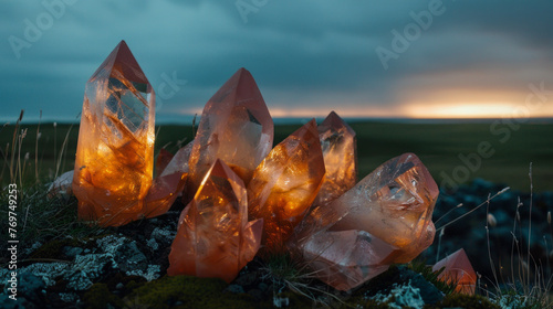 These vibrant glowing crystals stand tall in a field, capturing the essence of twilight with a dramatic sky