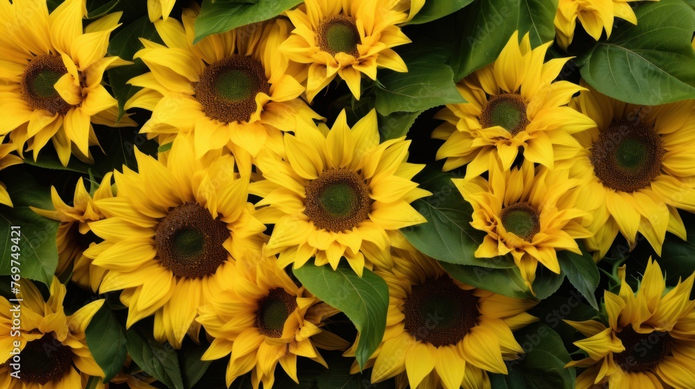 Background of a mix of delicate yellow sunflower blossoms and fresh green leaves