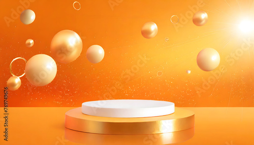 Minimal abstract scene with podium, air flying geometric bubble shapes on orange background. Generative AI.