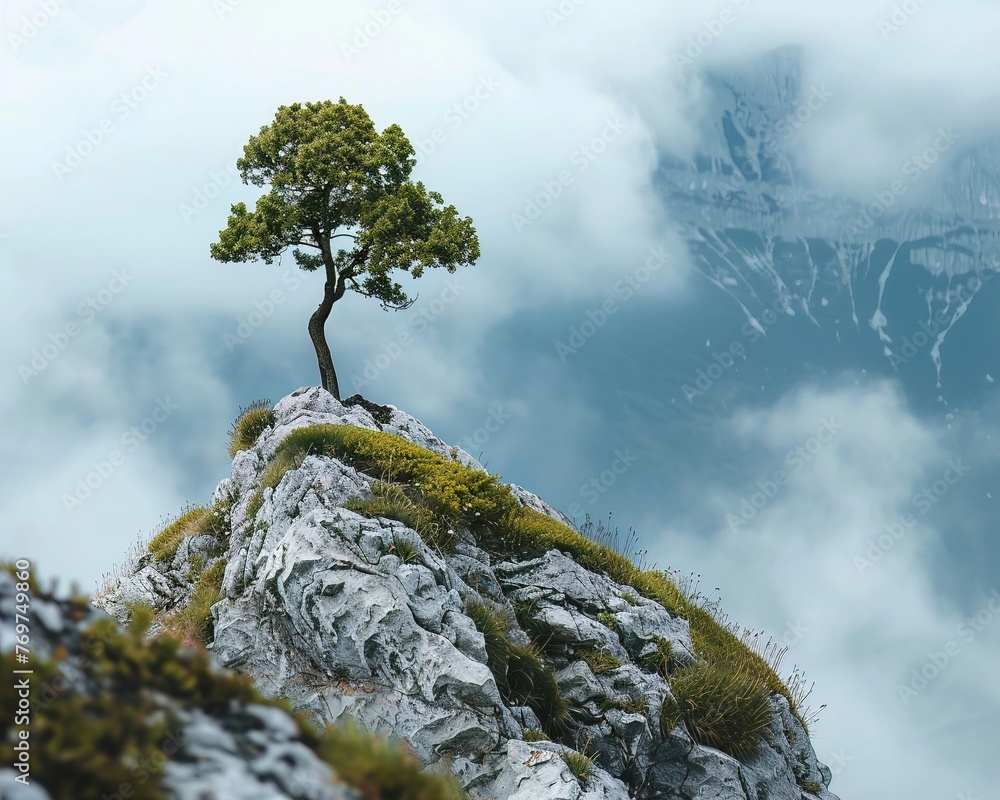 A lone tree atop a mountain, representing resilience, vision, and standing tall in the face of adversity A lone tree atop a mountain, representing resilience, vision, and standing tall in the face of adversity