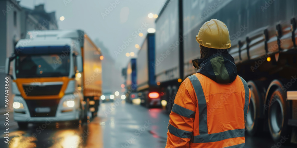 A man in a yellow helmet and orange jacket stands on a street next to a truck A man in a yellow helmet and orange jacket stands on a street next to a truck