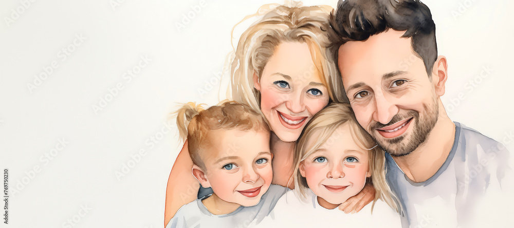 watercolor, happy young mother and father and two kids ,a white background , Happy family watercolor, happy young mother and father and two kids ,a white background , Happy family