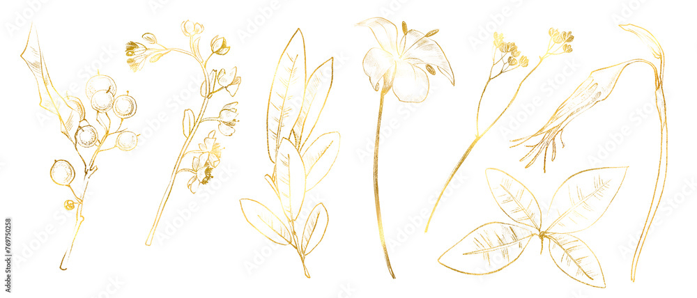 Fototapeta premium Botanical linear golden flower design. Golden Linear floral leaves and flowers set, Bright shining golden floral bouquets. Invitation templates, wedding cards, 