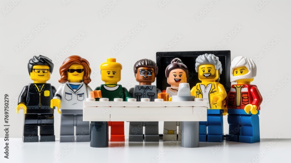 Naklejka premium group of people in a row, LEGO minifigures, with simple smiling faces, working together around desk with a computer on it, white background