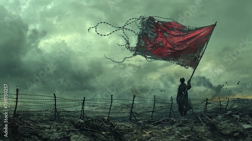 Freedom Symbol, Barbed Wire, Defiant protester in a desolate wasteland, Holding a tattered flag, Stormy Sky, Realistic Illustration, Rembrandt Lighting, HDR