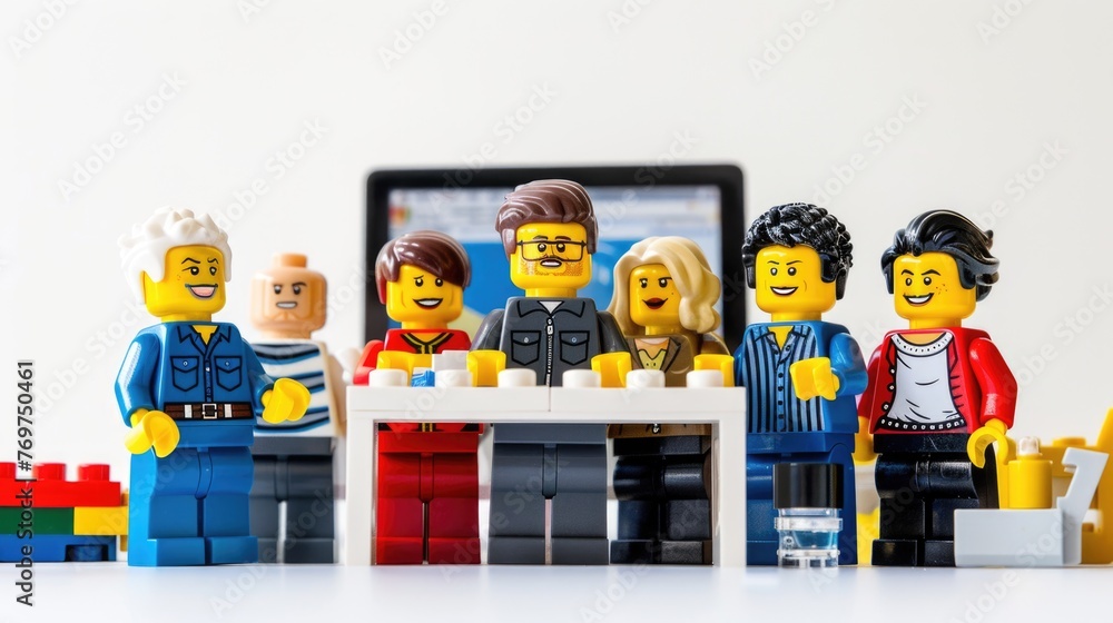 Naklejka premium group of people in a row , LEGO minifigures, with simple smiling faces, working together around desk with a computer on it, white background