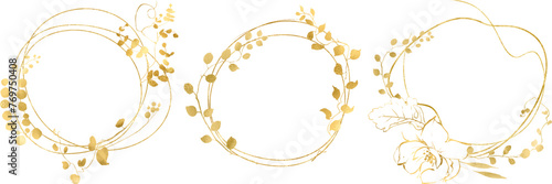Linear vector gold  floral wreaths, Design for invitation. Gold frame. Botanical line art silhouette leaves. Vector Gold floral. Place for your text. Floral frame set. Hand painted linear illustration