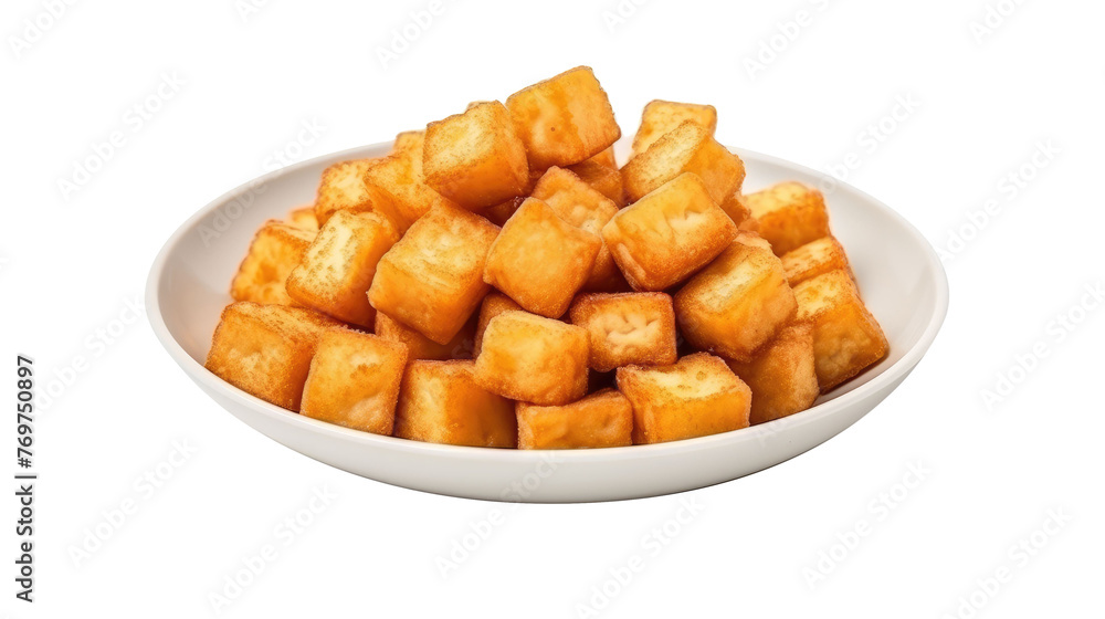 Plate of fried tofu cubes isolated on transparent a white background Plate of fried tofu cubes isolated on transparent a white background